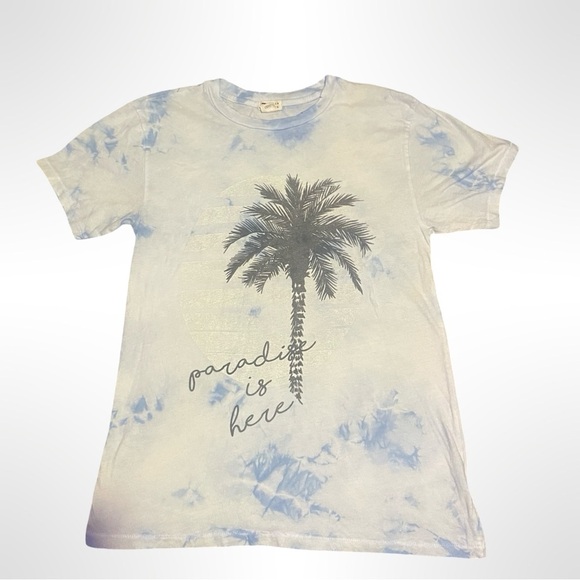 Billabong womens Blue Tie-Dye T-Shirt with Palm Tree Print - Picture 1 of 4